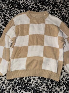 Beige and White Checker Knit Sweater